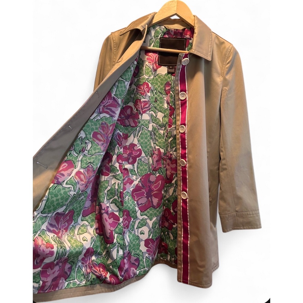 Coach Khaki Tan Trench Coat Floral Signature Lining Button Up Jacket Small - Picture 3 of 8